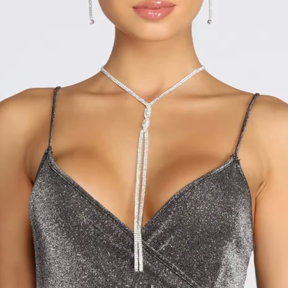 Long Rhinestone Tassel Necklace Choker Twisted Double Layer Fashion Jewelry